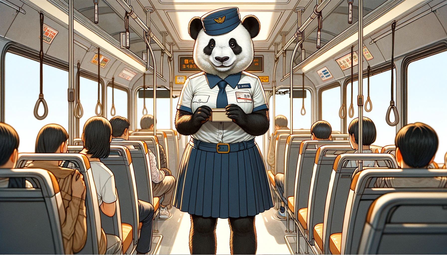バスガールの制服を着て仕事をしているパンダのイラスト写真