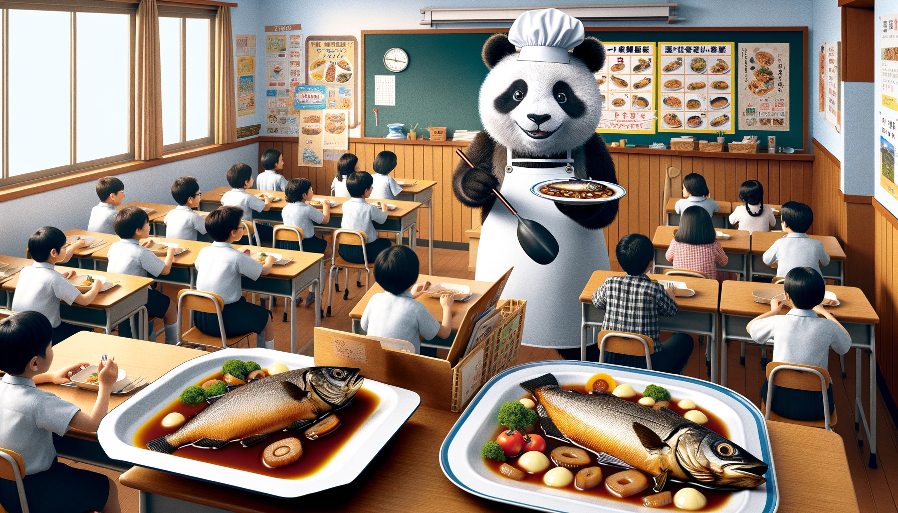 フナの日に小学校でフナの甘露煮をふるまっているパンダのリアル風イラスト写真