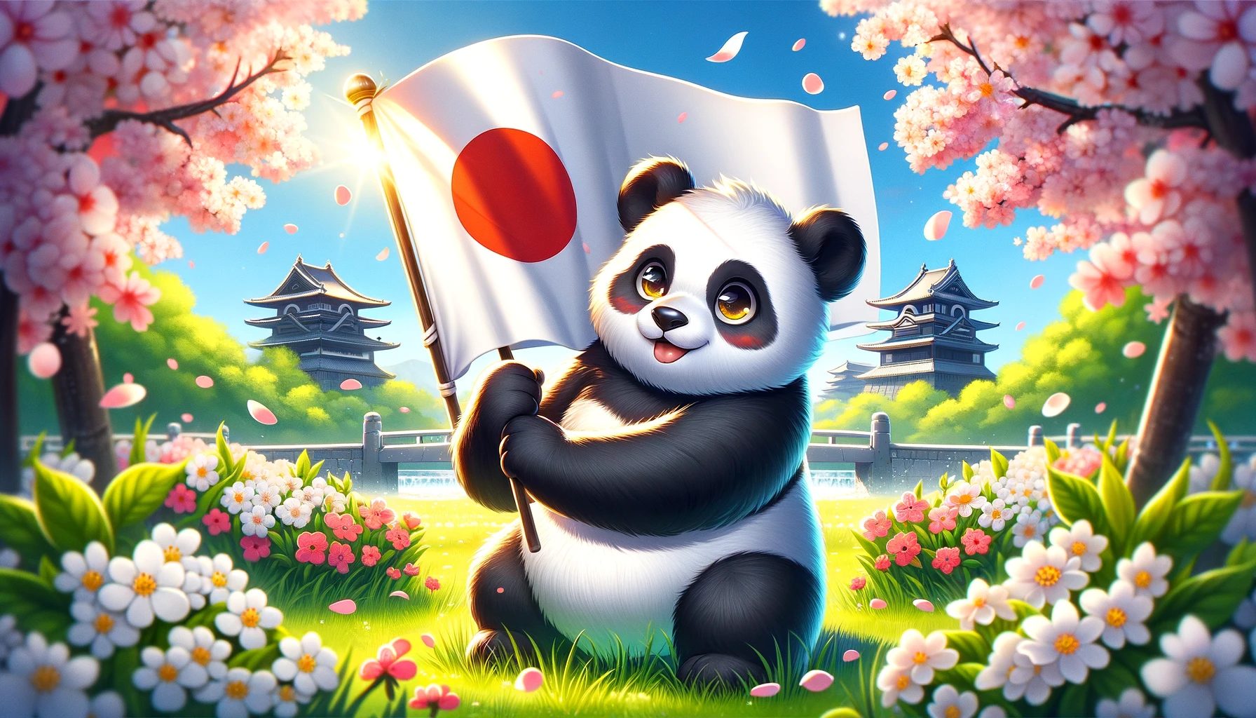 日本の国旗を出しているパンダのイラスト写真
