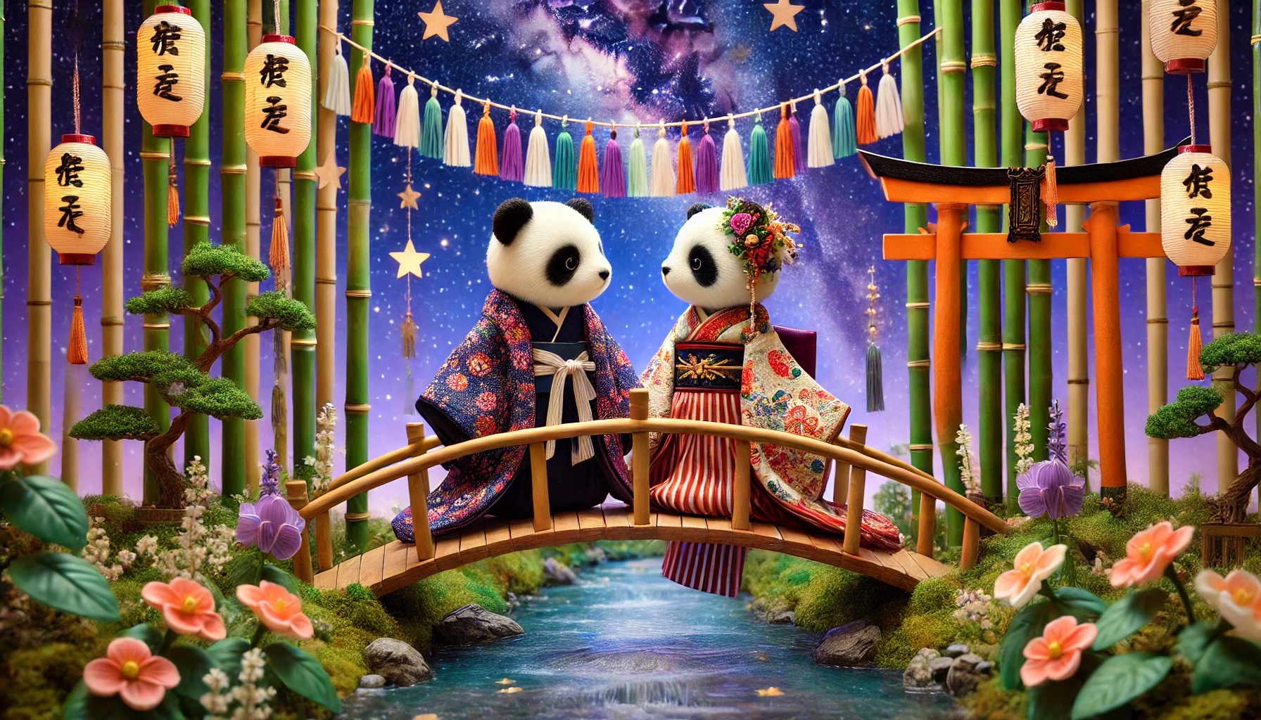 「七夕の日、パンダの織姫、パンダの彦星、天の川、笹の節句」イラスト写真