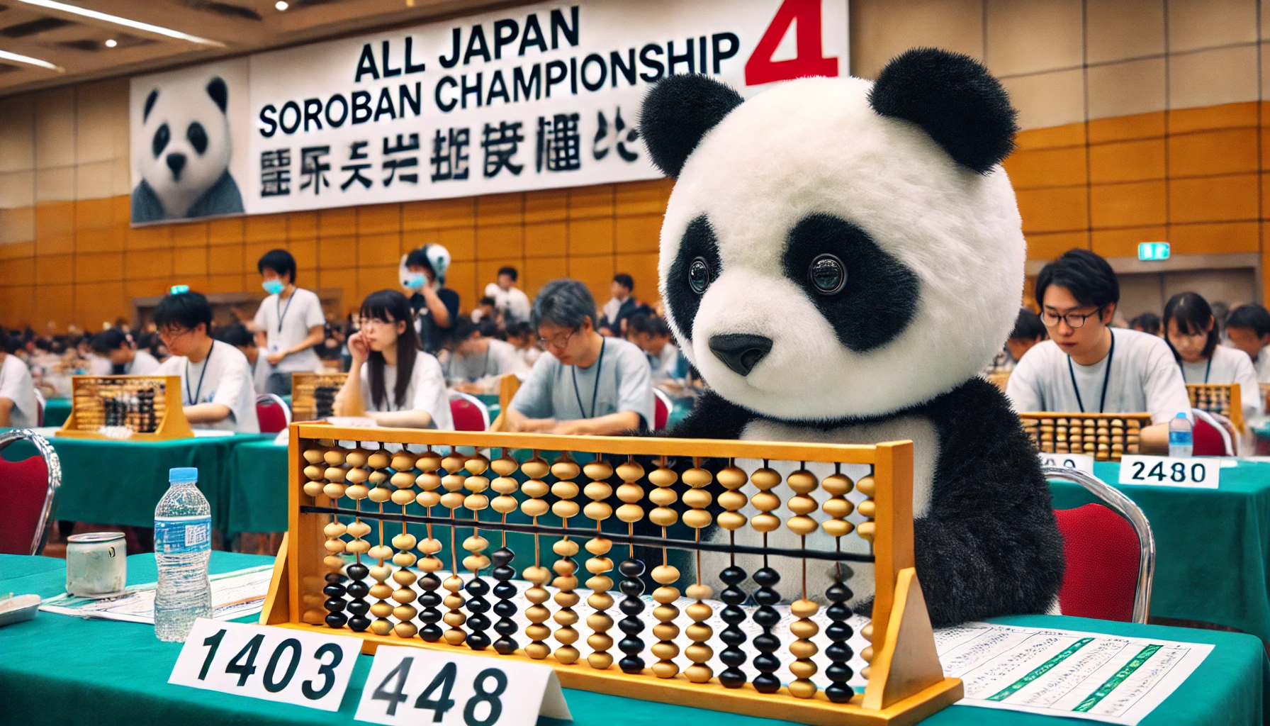 「全日本珠算選手権大会」に参加し、珠算の技能を競っているパンダのイラスト写真