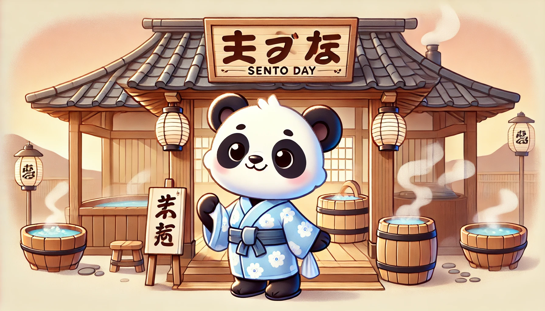 銭湯の魅力とリフレッシュ効果を知ろう」というブログをパンダを主役にしたイラスト