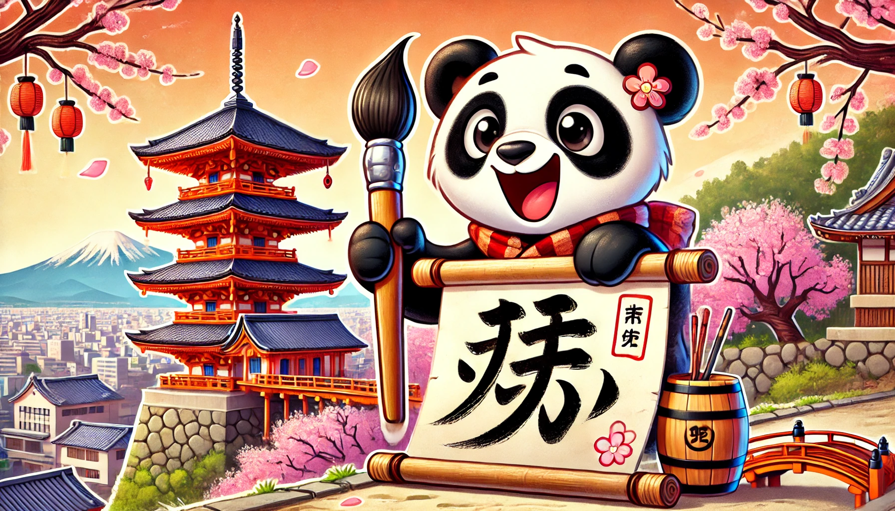 漢字の日をテーマにしたコミカルなストーリー「パンダの“漢字の日”冒険—清水寺での大発見！」のイラスト画像